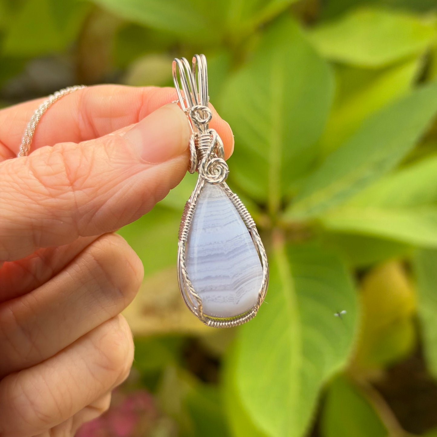 Blue Lace Agate Wire Wrapped Pendant, Made in Store