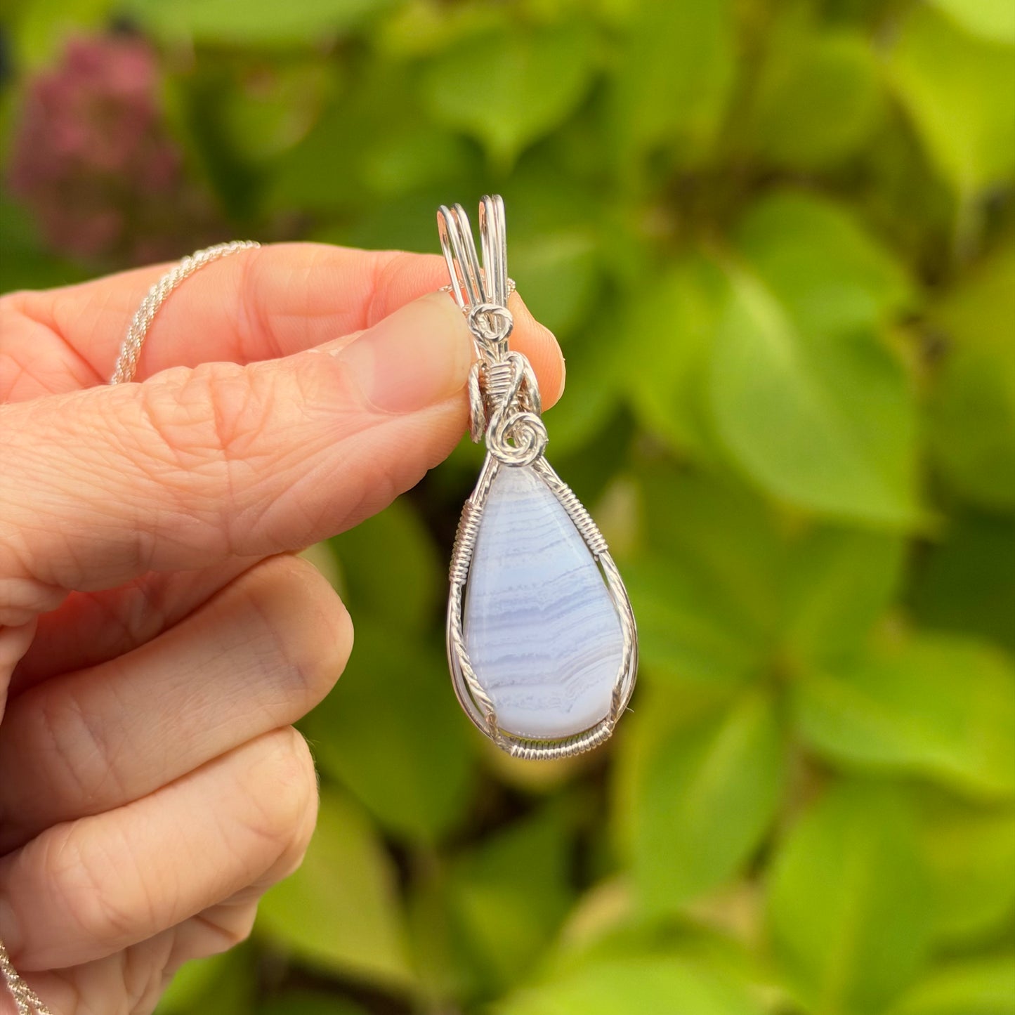 Blue Lace Agate Wire Wrapped Pendant, Made in Store