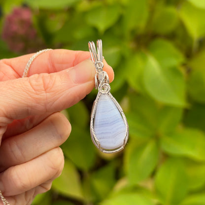 Blue Lace Agate Wire Wrapped Pendant, Made in Store
