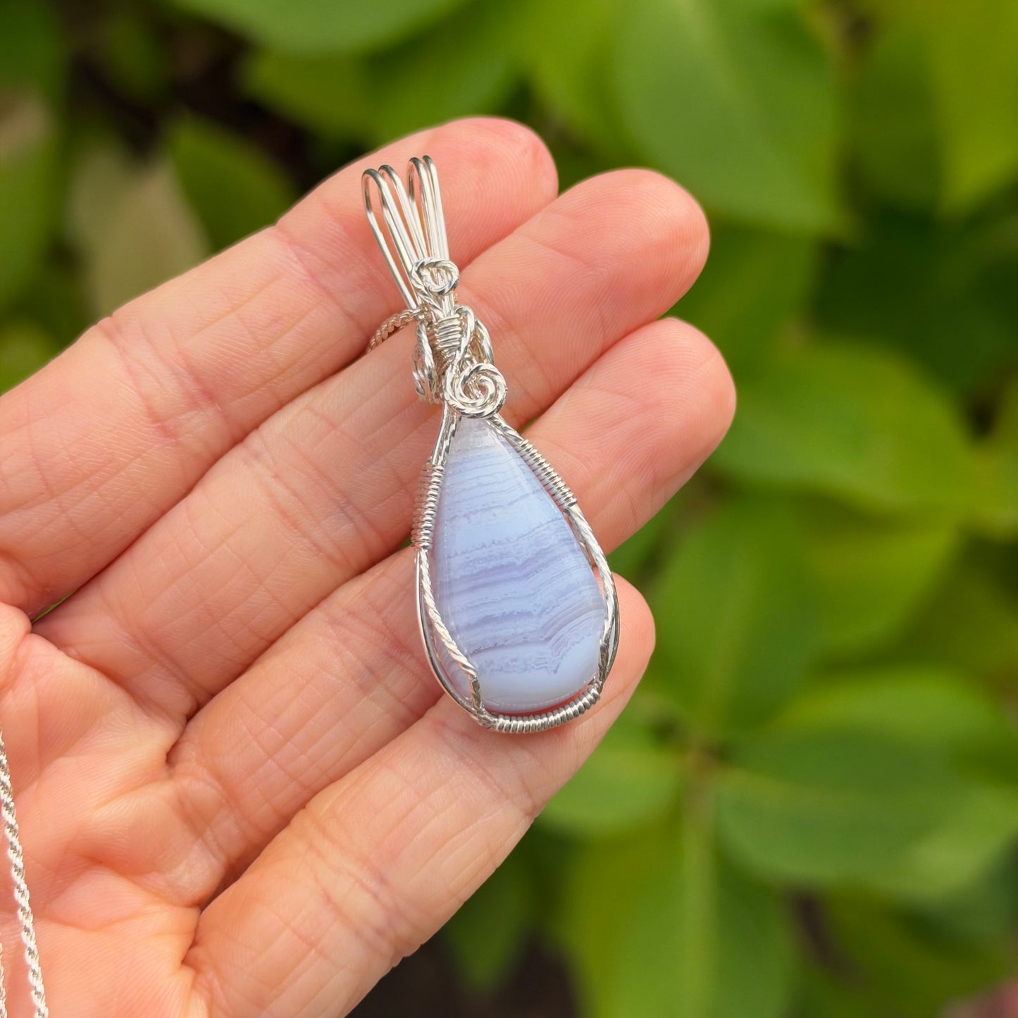Blue Lace Agate Wire Wrapped Pendant, Made in Store