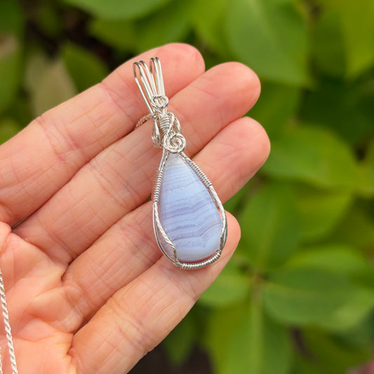Blue Lace Agate Wire Wrapped Pendant, Made in Store