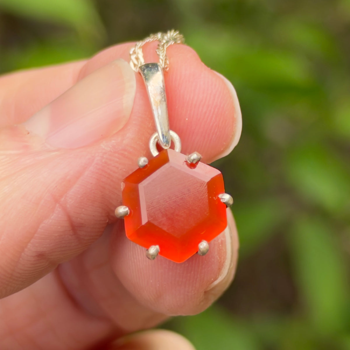 Carnelian Gem Pendant, Sterling Silver, Natural, Freeform Faceted Carnelian