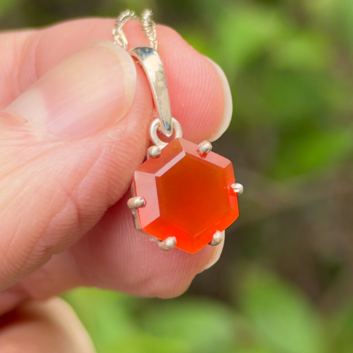 Carnelian Gem Pendant, Sterling Silver, Natural, Freeform Faceted Carnelian