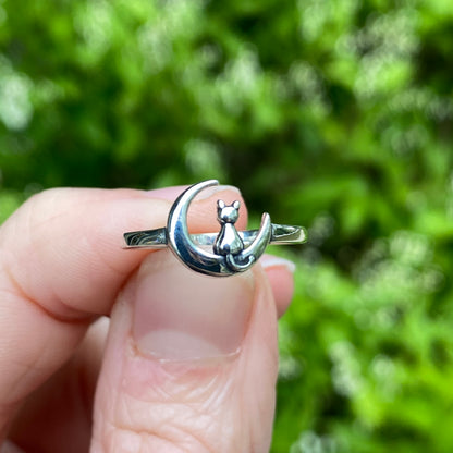 Cat Sitting on the Moon Ring, Solid .925 Silver