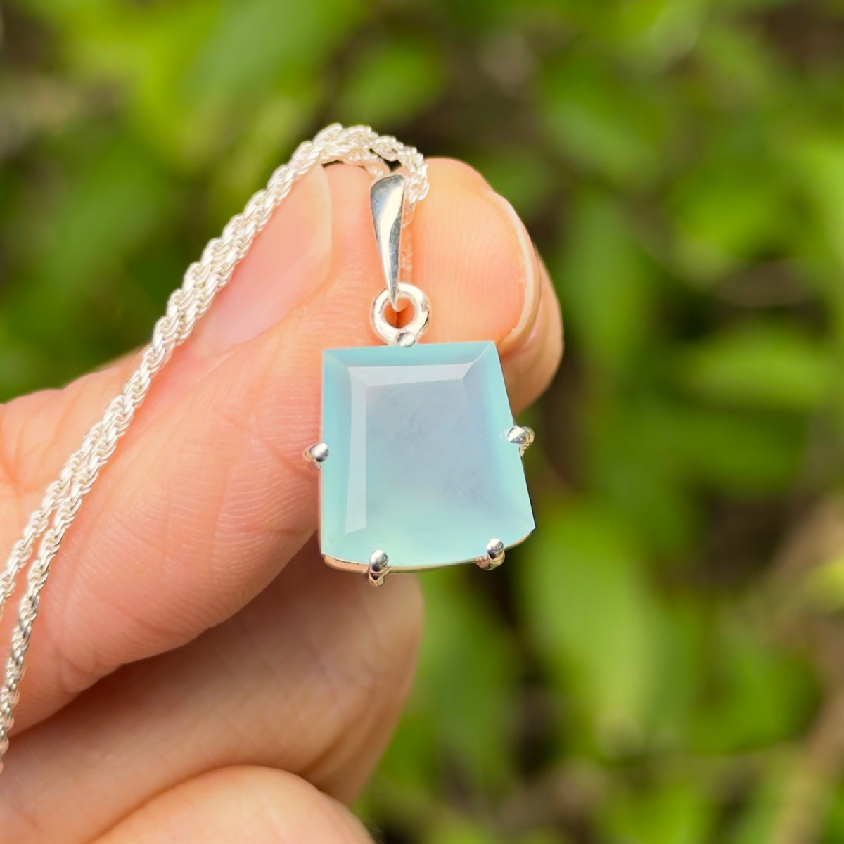 Chalcedony Gem Pendant, Sterling Silver, Natural, Freeform Faceted Chalcedony