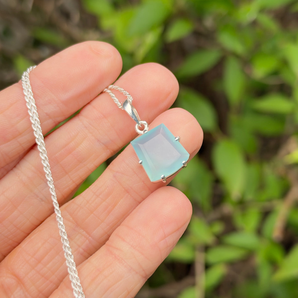 Chalcedony Gem Pendant, Sterling Silver, Natural, Freeform Faceted Chalcedony