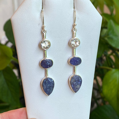 White Topaz & Raw Tanzanite Earrings, Sterling Silver