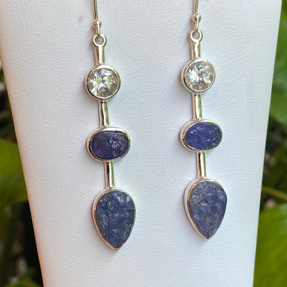 White Topaz & Raw Tanzanite Earrings, Sterling Silver