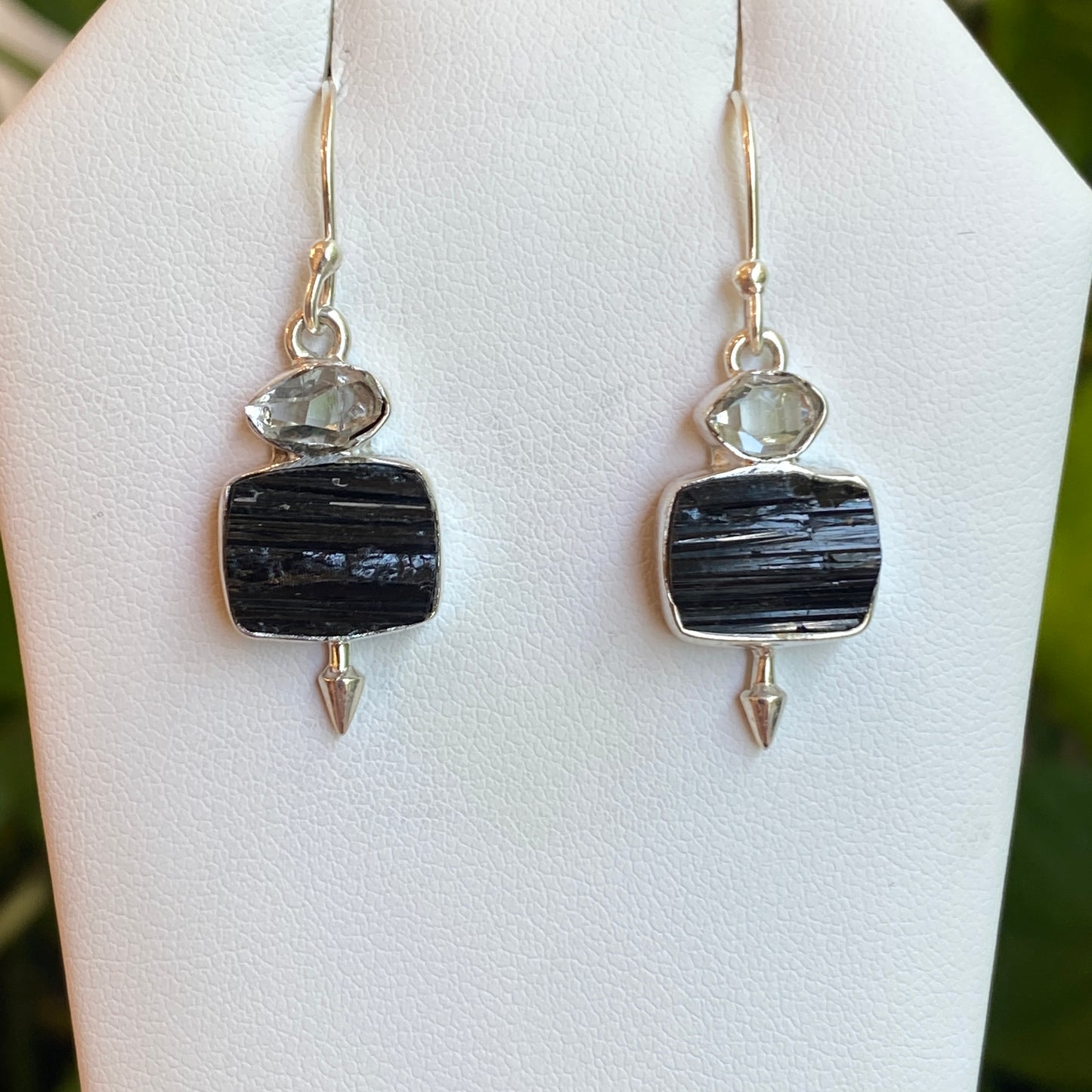 Herkimer Diamond & Black Tourmaline Earrings, Sterling Silver