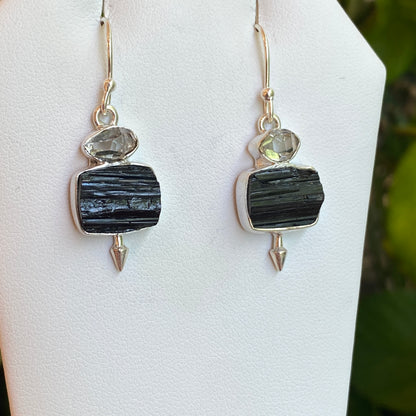 Herkimer Diamond & Black Tourmaline Earrings, Sterling Silver