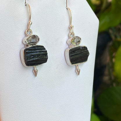 Herkimer Diamond & Black Tourmaline Earrings, Sterling Silver