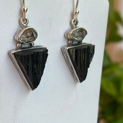 Herkimer Diamond & Black Tourmaline Earrings, Sterling Silver