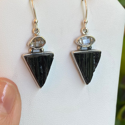 Herkimer Diamond & Black Tourmaline Earrings, Sterling Silver