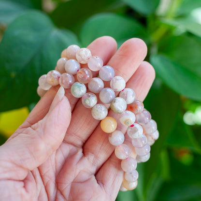 Flower Agate Bead Bracelet, Pink Chalcedony, Cherry Blossom