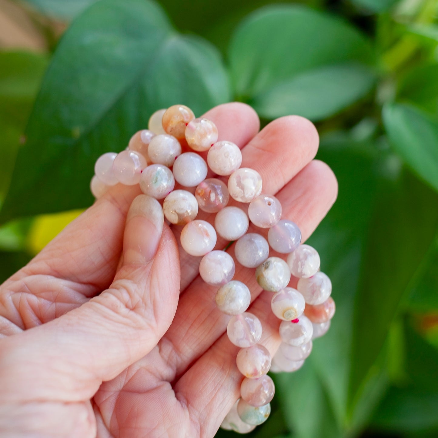 Flower Agate Bead Bracelet, Pink Chalcedony, Cherry Blossom