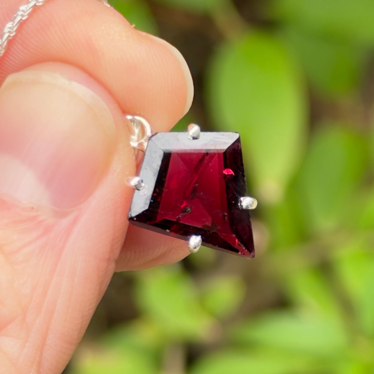 Garnet Gem Pendant, Sterling Silver, Natural, Freeform Faceted Garnet
