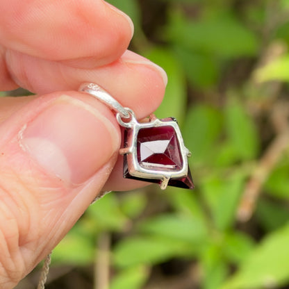 Garnet Gem Pendant, Sterling Silver, Natural, Freeform Faceted Garnet