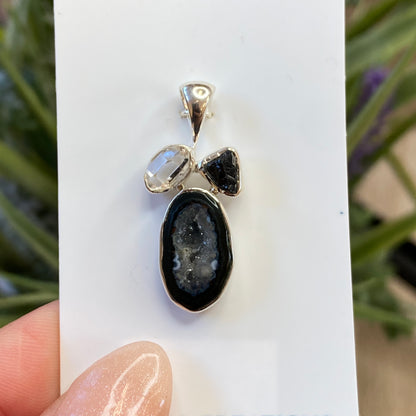 Geode, Herkimer Diamond, Tourmaline Pendant, .925 Sterling