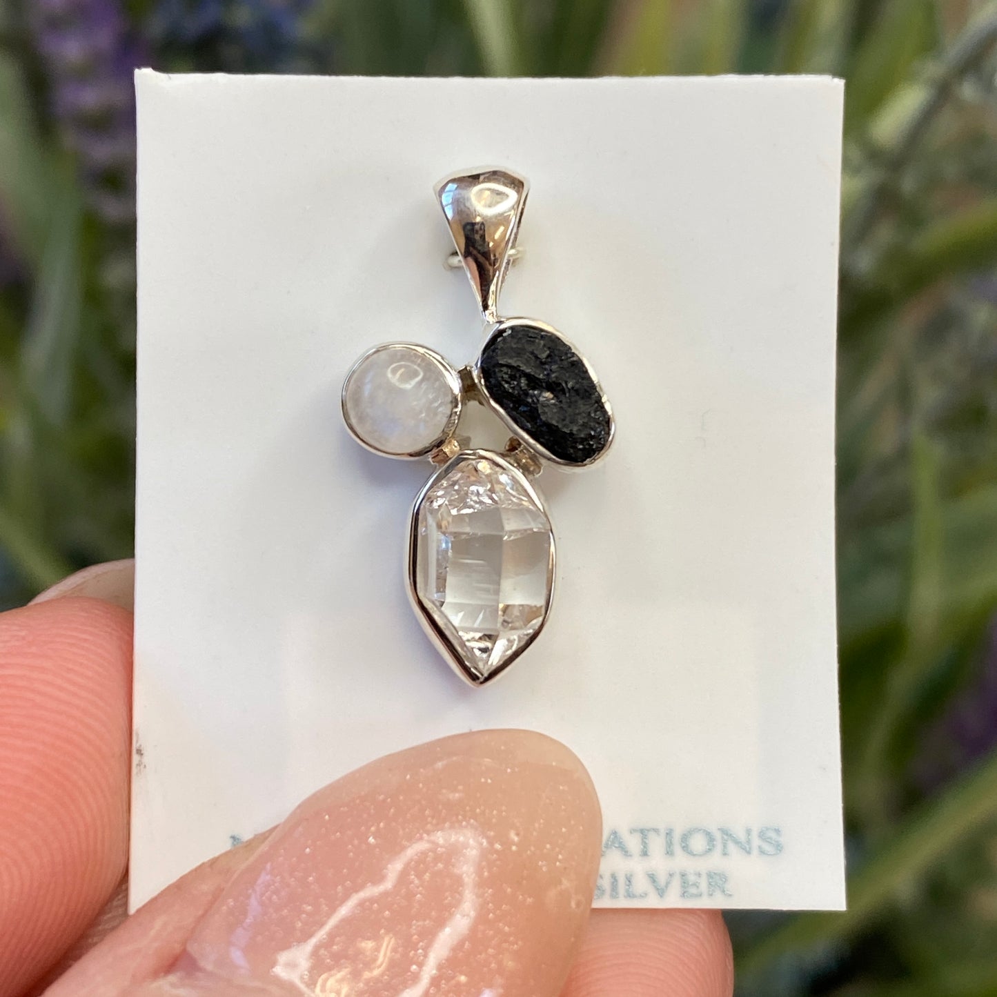 Herkimer Diamond, Tourmaline, Moonstone Pendant, .925 Sterling