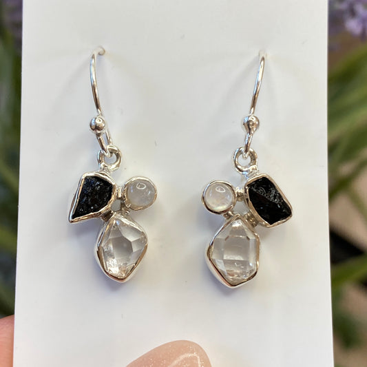 Herkimer Diamond, Tourmaline, Moonstone Earrings, .925 Sterling