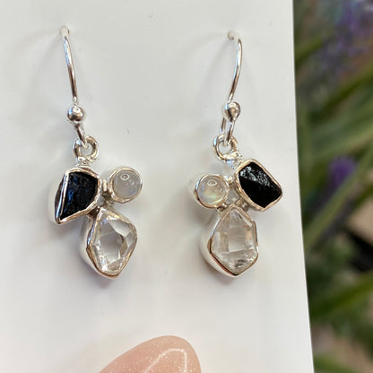 Herkimer Diamond, Tourmaline, Moonstone Earrings, .925 Sterling