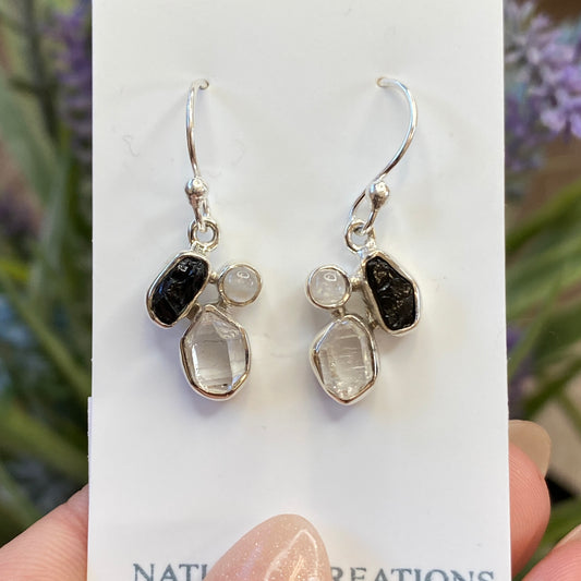 Herkimer Diamond, Tourmaline, Moonstone Earrings, .925 Sterling