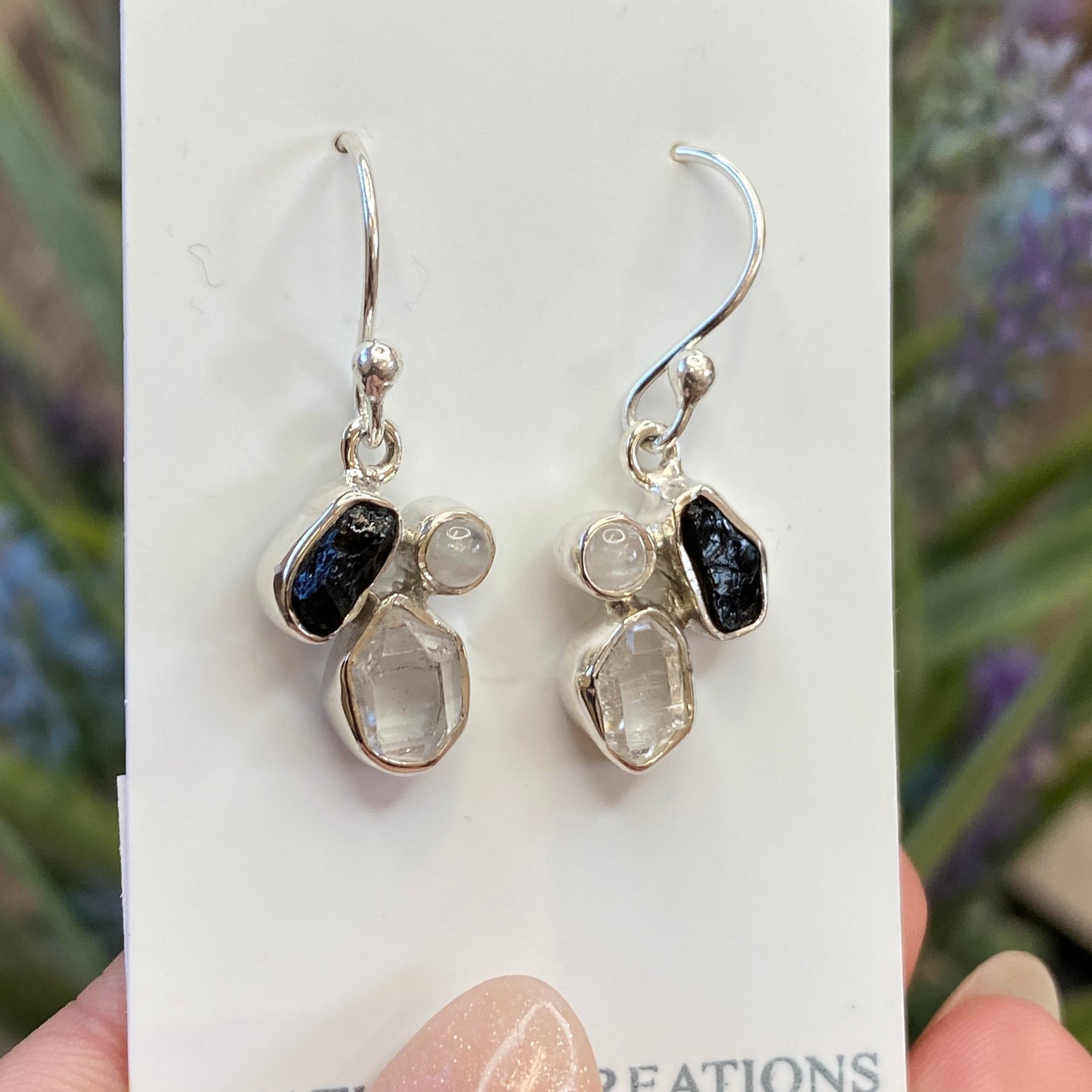 Herkimer Diamond, Tourmaline, Moonstone Earrings, .925 Sterling