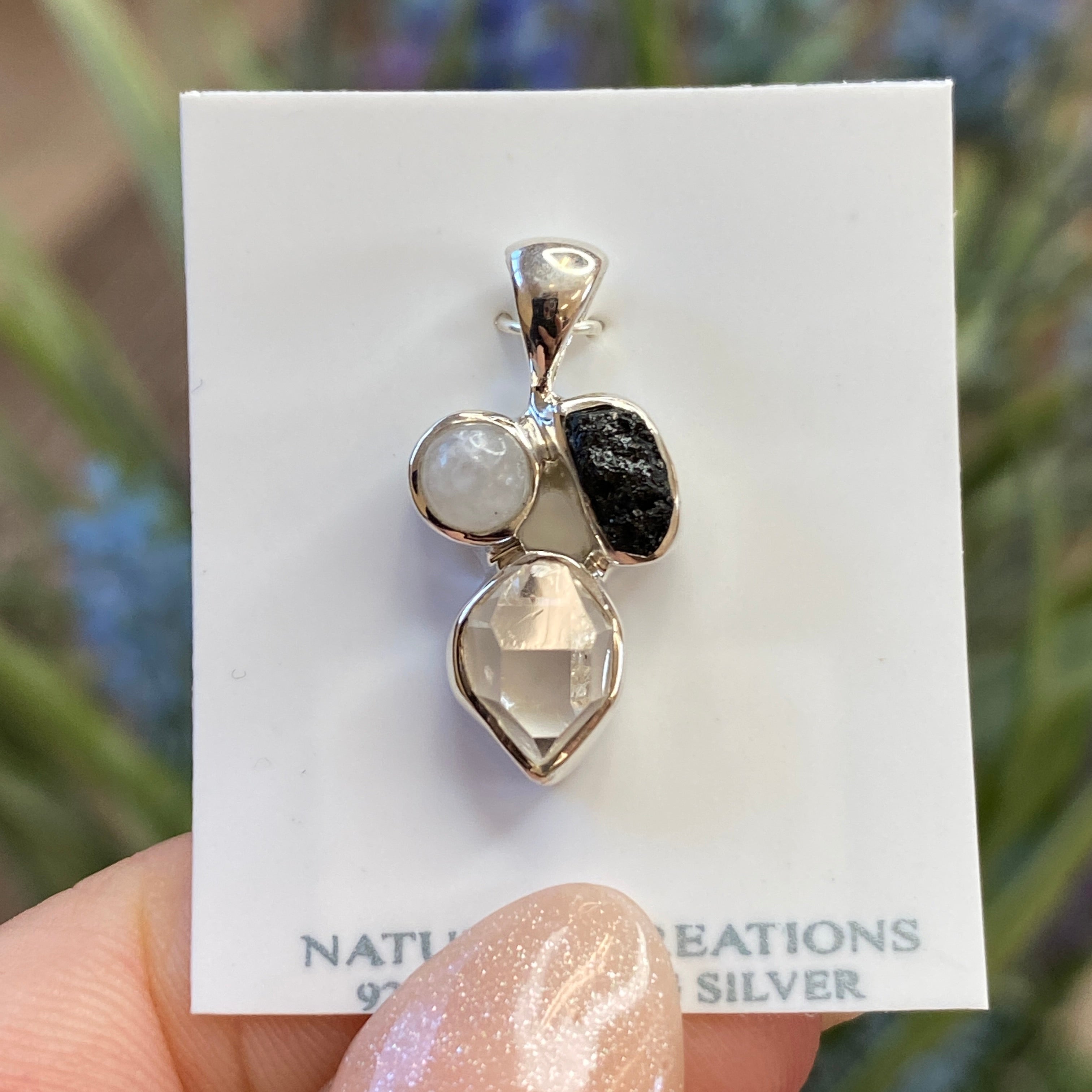 Rough Black Tourmaline, Herkimer Diamond, Rainbow Moonstone, White Quartz Pendant 1 3/4