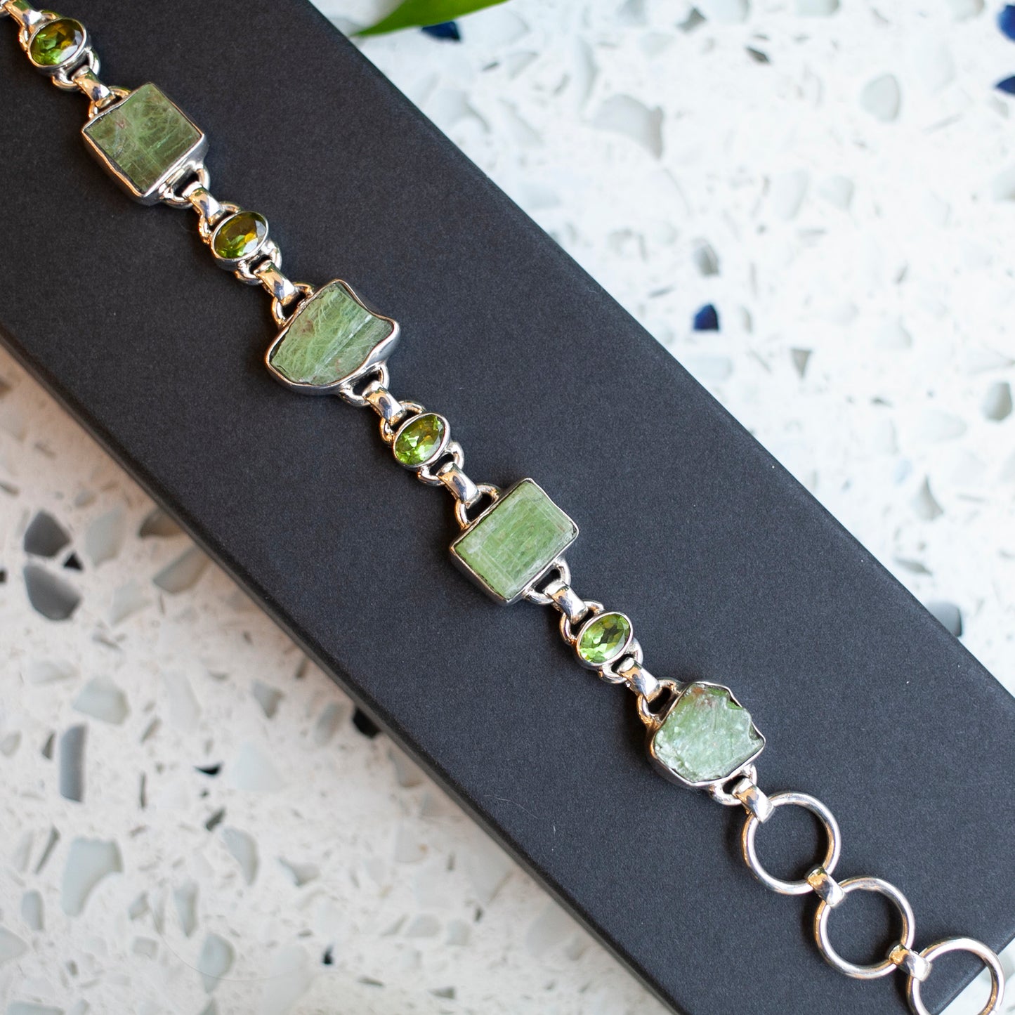 Raw Green Kyanite and Faceted Peridot Bracelet, Sterling Silver