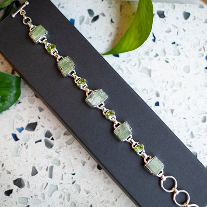 Raw Green Kyanite and Faceted Peridot Bracelet, Sterling Silver