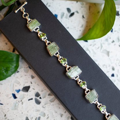 Raw Green Kyanite and Faceted Peridot Bracelet, Sterling Silver