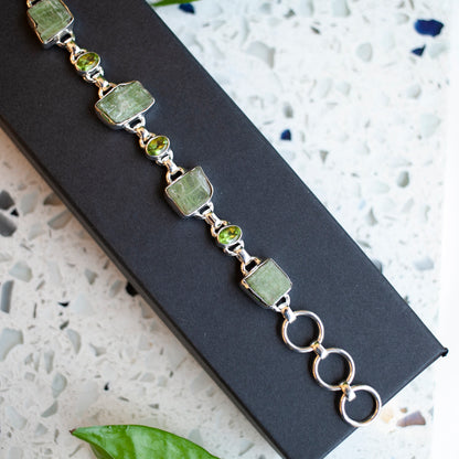 Raw Green Kyanite and Faceted Peridot Bracelet, Sterling Silver