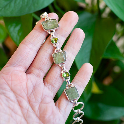 Raw Green Kyanite and Faceted Peridot Bracelet, Sterling Silver