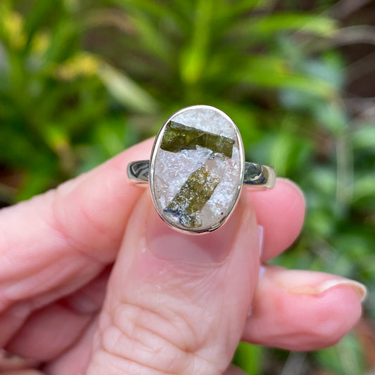 Raw Green Tourmaline Ring, Size 7