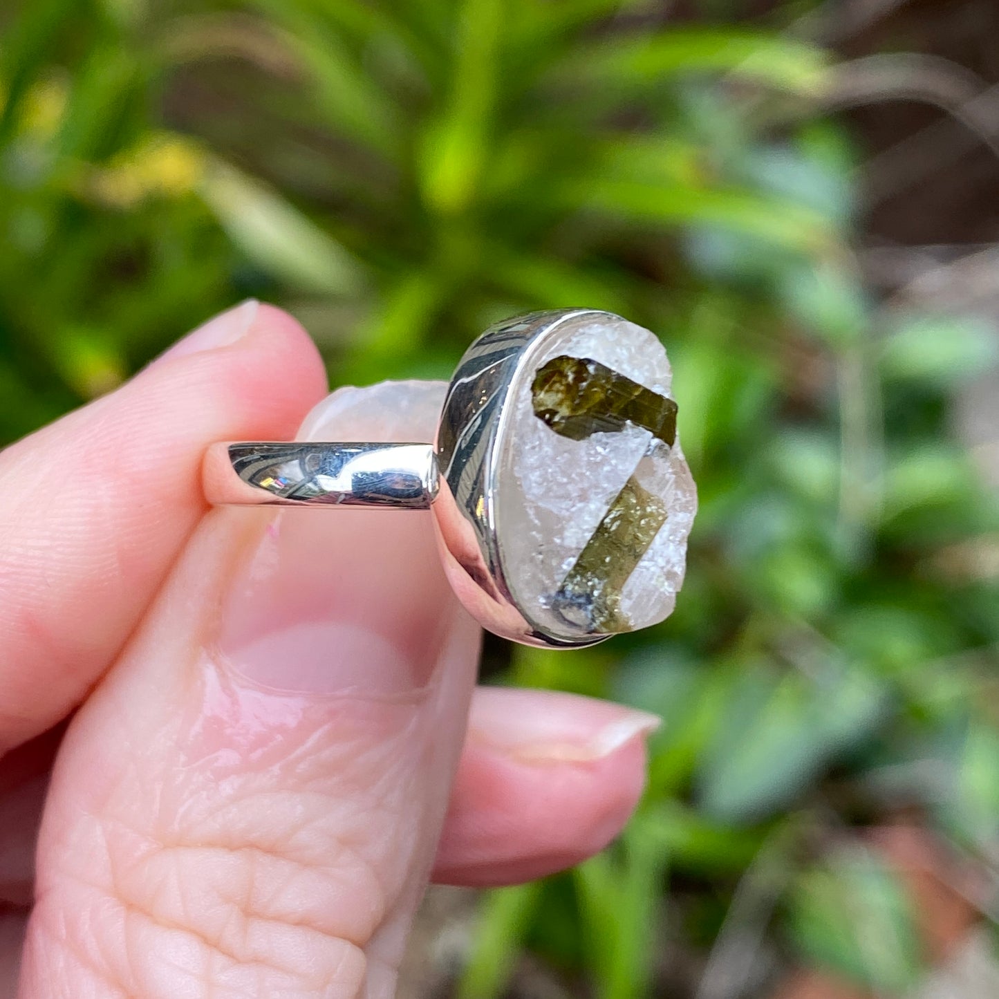 Raw Green Tourmaline Ring, Size 7