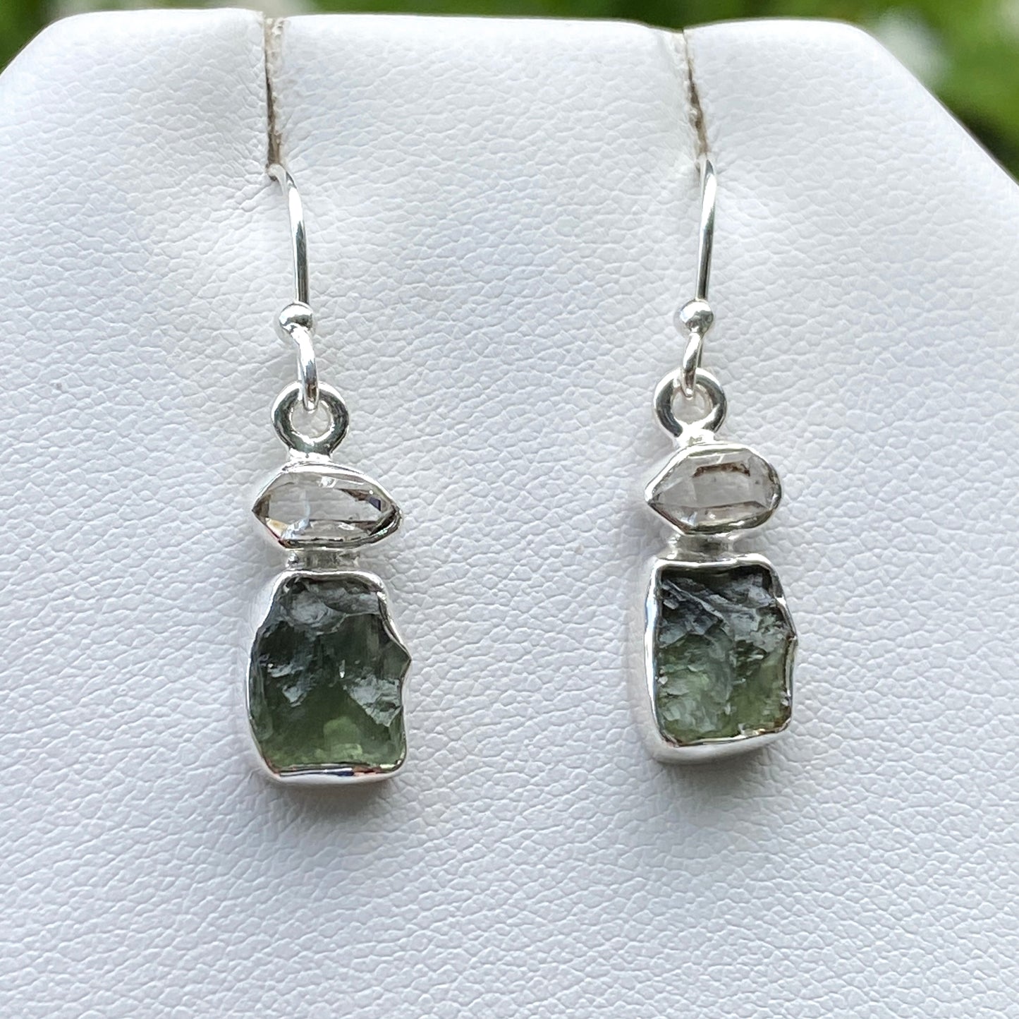 Herkimer Diamond, Moldavite Earrings, .925 Sterling Silver
