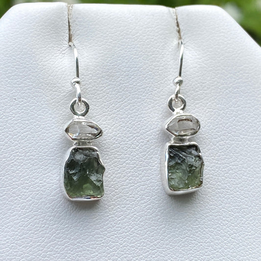 Herkimer Diamond, Moldavite Earrings, .925 Sterling Silver