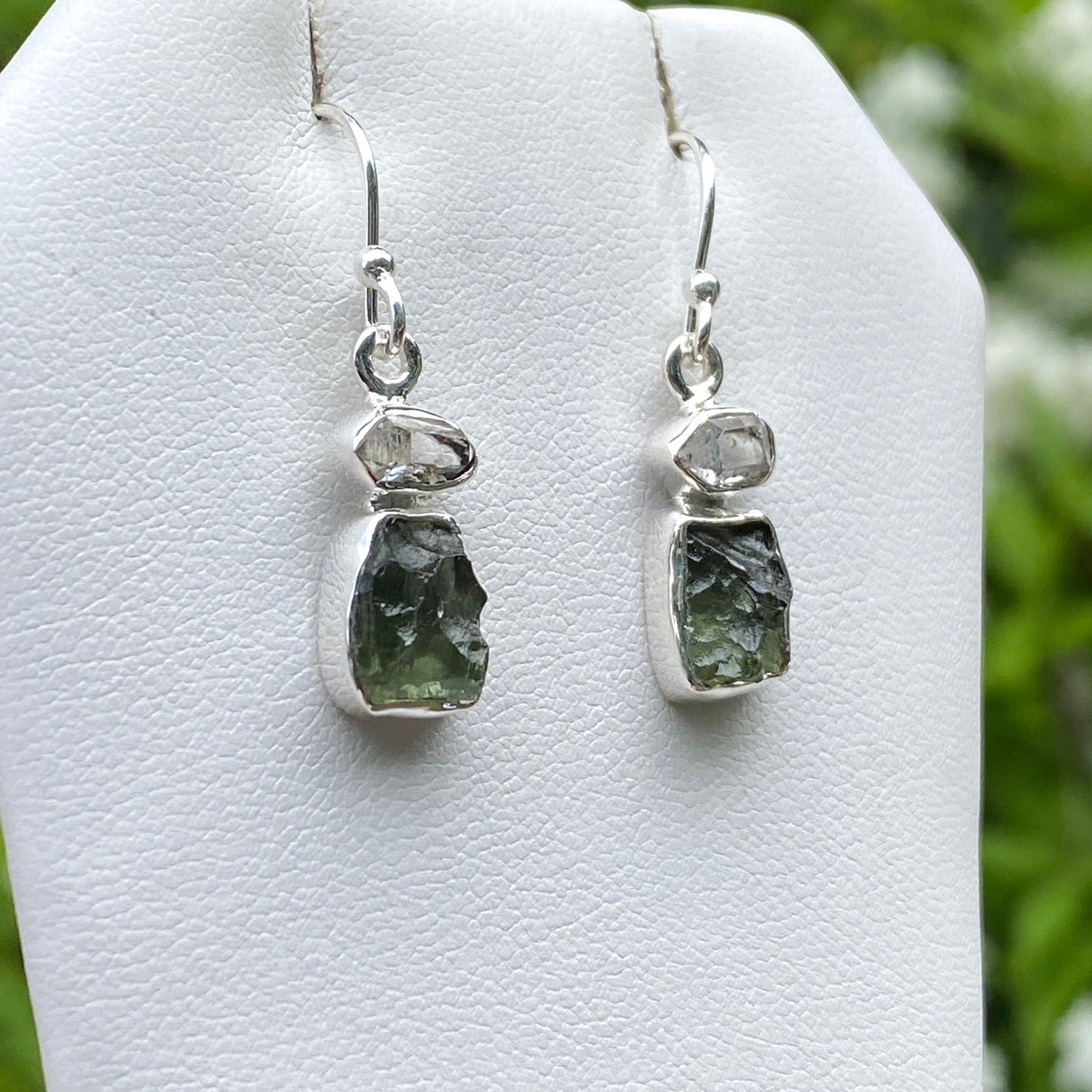 Herkimer Diamond, Moldavite Earrings, .925 Sterling Silver