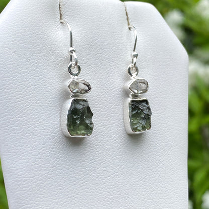 Herkimer Diamond, Moldavite Earrings, .925 Sterling Silver