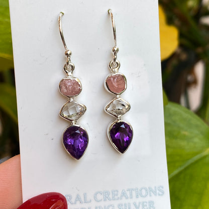 Rose Quartz, Herkimer Diamond, Amethyst Earrings, .925 Sterling Silver