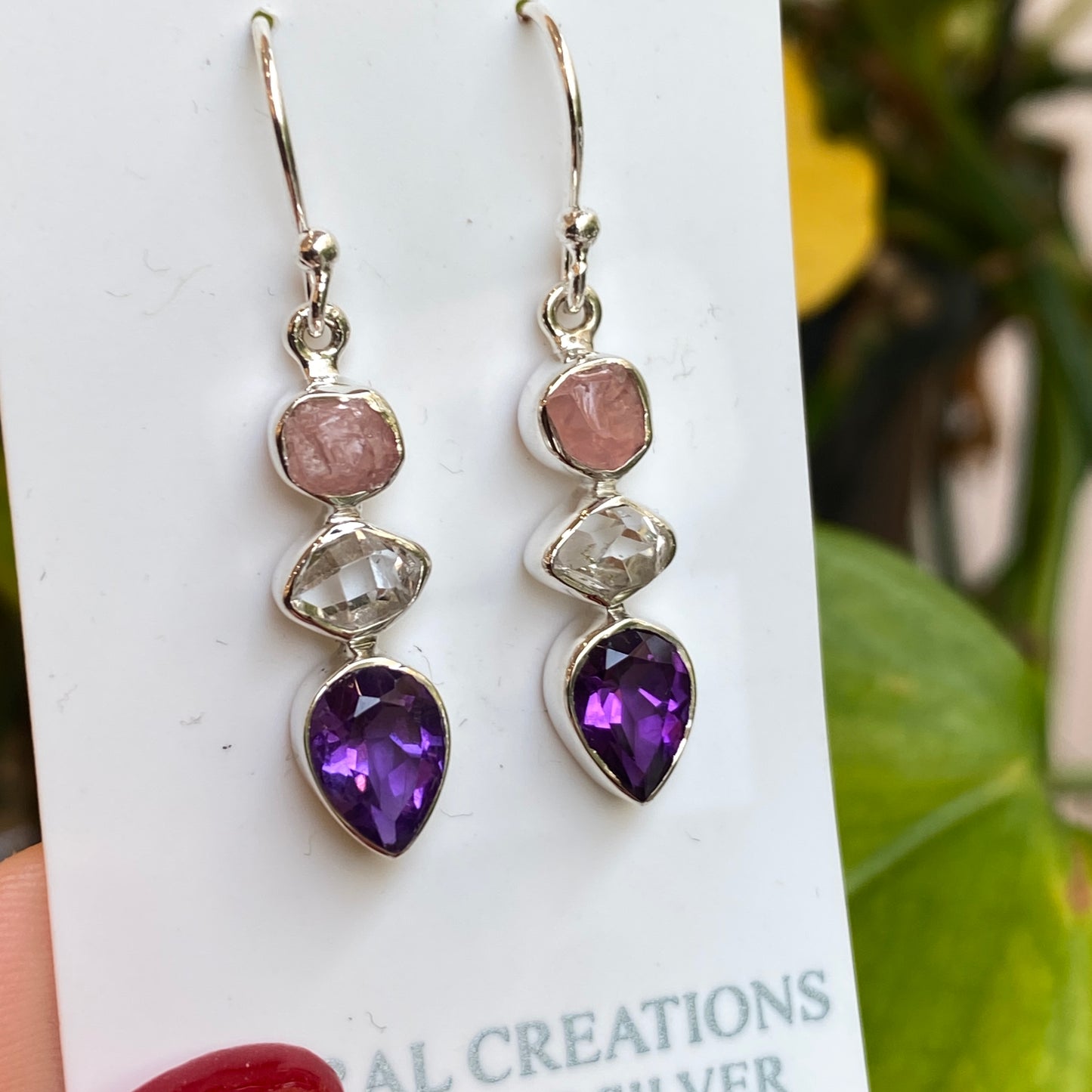 Rose Quartz, Herkimer Diamond, Amethyst Earrings, .925 Sterling Silver