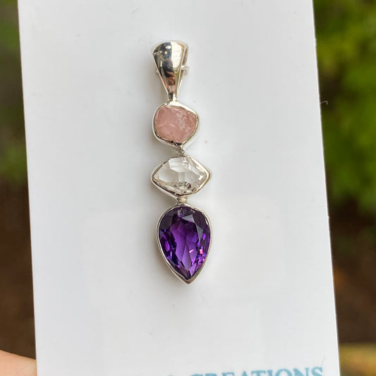 Rose Quartz, Herkimer Diamond, Amethyst Pendant, .925 Sterling Silver