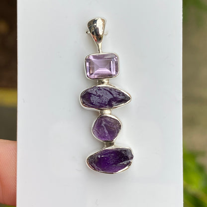 Rough and Faceted Amethyst Pendant, .925 Sterling Silver