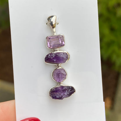 Rough and Faceted Amethyst Pendant, .925 Sterling Silver