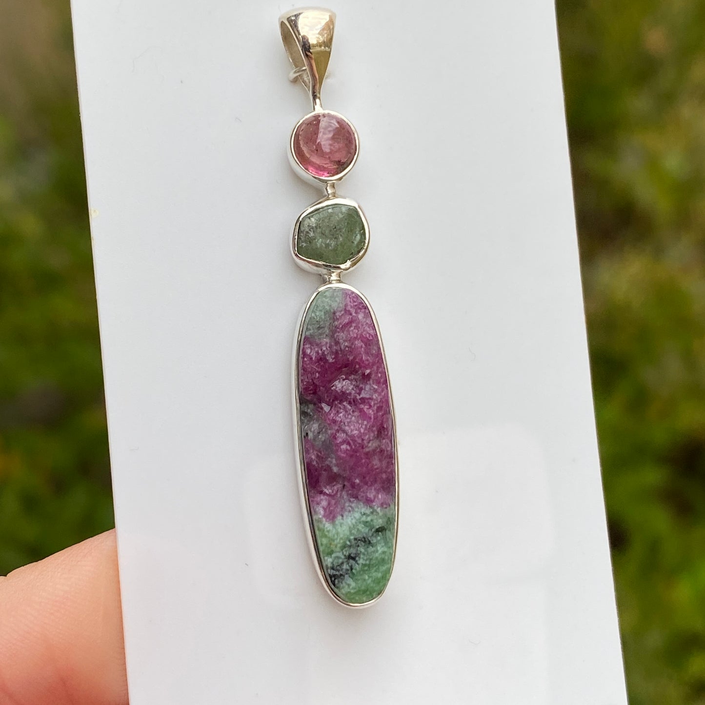 Emerald, Pink Tourmaline, Ruby Fuchsite Pendant, .925 Sterling Silver