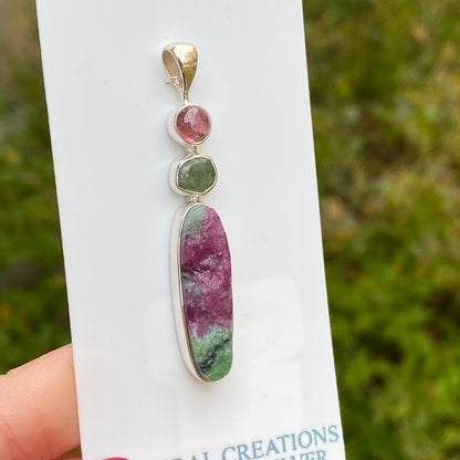 Emerald, Pink Tourmaline, Ruby Fuchsite Pendant, .925 Sterling Silver