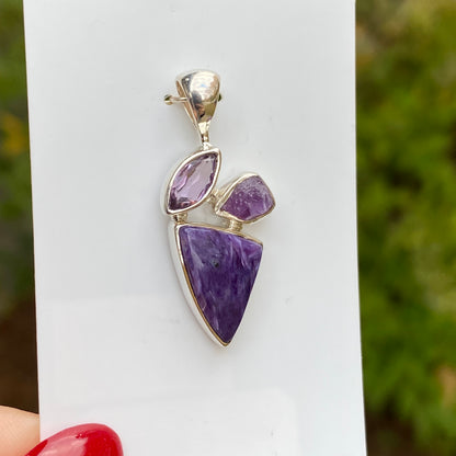 Charoite, Amethyst Pendant, .925 Sterling Silver