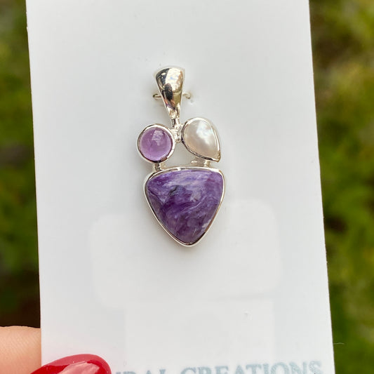 Charoite, Pearl, Amethyst Pendant, .925 Sterling Silver