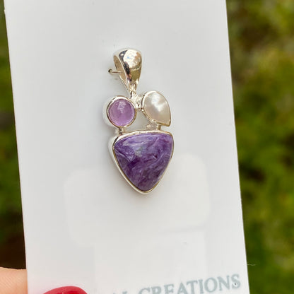 Charoite, Pearl, Amethyst Pendant, .925 Sterling Silver