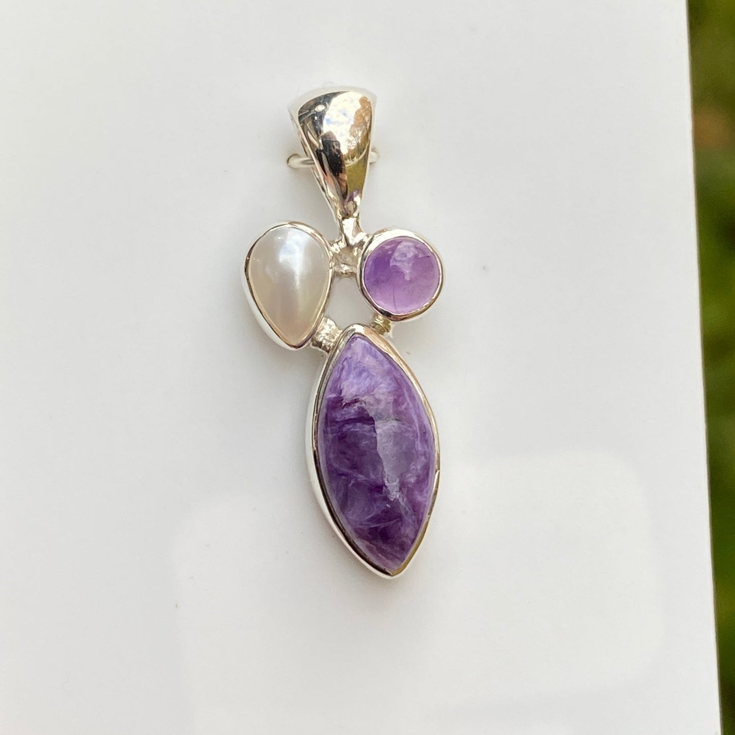 Charoite, Pearl, Amethyst Pendant, .925 Sterling Silver